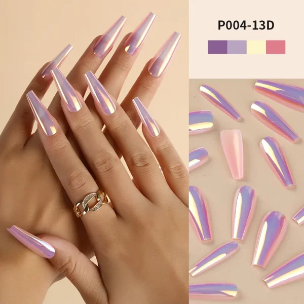 24Pcs/Box Ballerina Press on Nails Tips False Nail Art Full Cover Detachable Artificial Fake Nails Metal Mirror Powder Design - Image 19