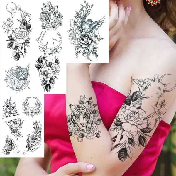 Black Moon Deer Cat Tiger Temporary Tattoos For Women Adults Fake Bird Flower Peony Rose Tattoo Sticker Geometry Armband Tatto - Image 2