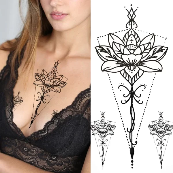 3D Black Flower Temporary Tattoos For Women Rose Peony Lotus Tattoo Sticker Fake Jewelry Chains Geometric Triangle Tatoo Decal - Image 22