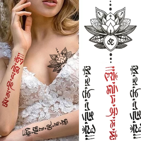3D Black Flower Temporary Tattoos For Women Rose Peony Lotus Tattoo Sticker Fake Jewelry Chains Geometric Triangle Tatoo Decal - Image 12