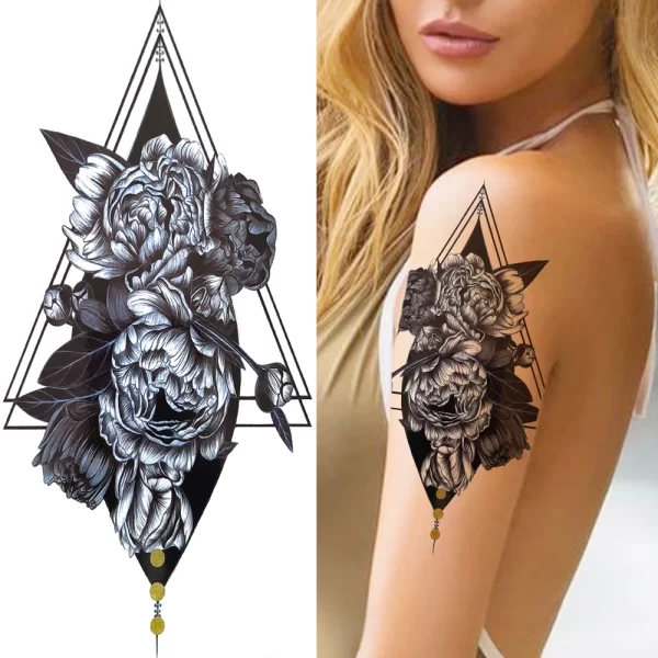 3D Black Flower Temporary Tattoos For Women Rose Peony Lotus Tattoo Sticker Fake Jewelry Chains Geometric Triangle Tatoo Decal - Image 10