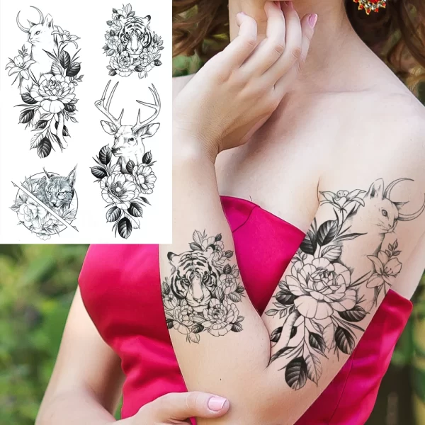 Black Moon Deer Cat Tiger Temporary Tattoos For Women Adults Fake Bird Flower Peony Rose Tattoo Sticker Geometry Armband Tatto - Image 3