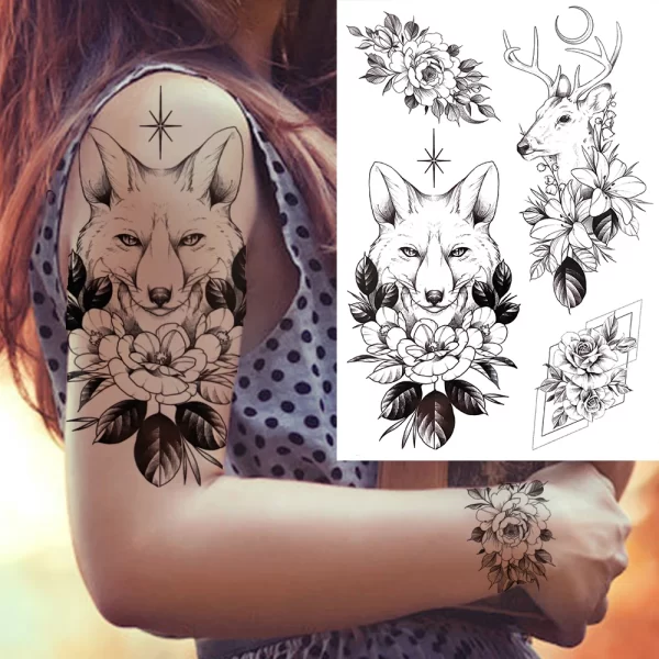 Black Moon Deer Cat Tiger Temporary Tattoos For Women Adults Fake Bird Flower Peony Rose Tattoo Sticker Geometry Armband Tatto - Image 20