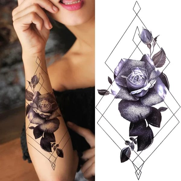 3D Black Flower Temporary Tattoos For Women Rose Peony Lotus Tattoo Sticker Fake Jewelry Chains Geometric Triangle Tatoo Decal - Image 3