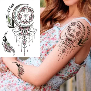 Watercolor Feather Birds Temporary Tattoo For Women Kids Men Fake Wolf Flower Tattoo Sticker Black Peony Jewelry Chain Tatoo Arm