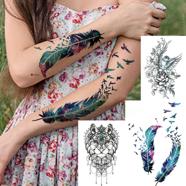 Watercolor Feather Birds Temporary Tattoo For Women Kids Men Fake Wolf Flower Tattoo Sticker Black Peony Jewelry Chain Tatoo Arm - Image 2