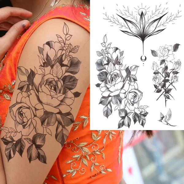 Black Moon Deer Cat Tiger Temporary Tattoos For Women Adults Fake Bird Flower Peony Rose Tattoo Sticker Geometry Armband Tatto - Image 15