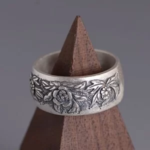 BOCAI New 100% Solid 990 Silver Woman Ring Elegant Peony Flower Wide Face Retro Matte Fashion  Jewelry Accessories