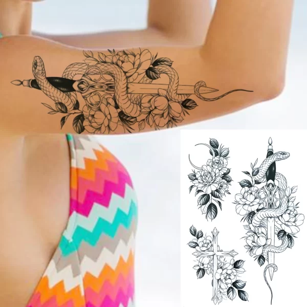 Black Moon Deer Cat Tiger Temporary Tattoos For Women Adults Fake Bird Flower Peony Rose Tattoo Sticker Geometry Armband Tatto - Image 22