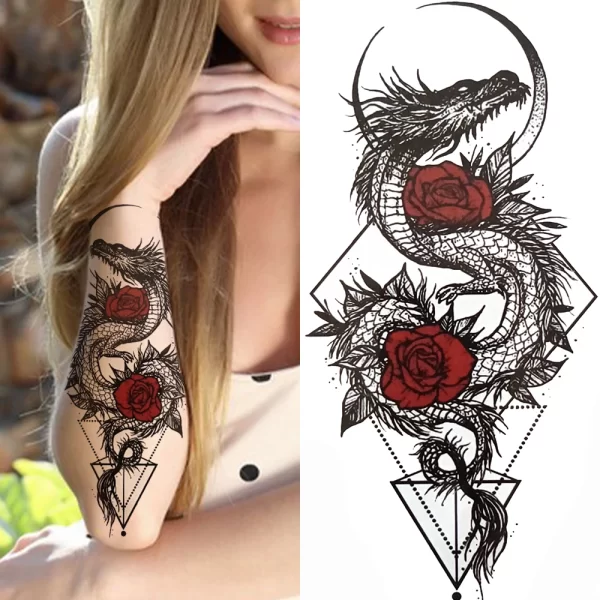 3D Black Flower Temporary Tattoos For Women Rose Peony Lotus Tattoo Sticker Fake Jewelry Chains Geometric Triangle Tatoo Decal - Image 6