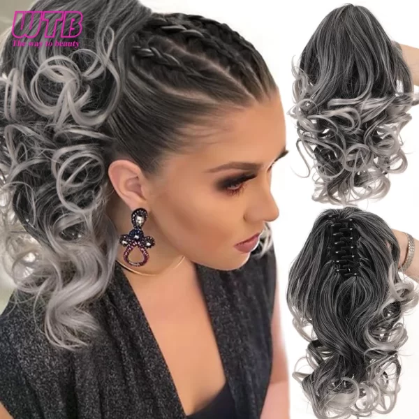 Short Wavy Synthetic Ponytail for Women Black Grey Ombre Claw Clip in Ponytail Hair Extensions Daily Use Party Fake Hairpieces - Image 2