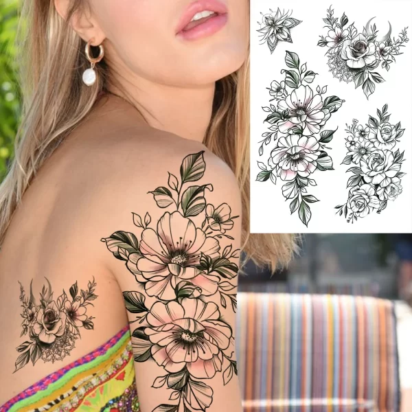 Black Moon Deer Cat Tiger Temporary Tattoos For Women Adults Fake Bird Flower Peony Rose Tattoo Sticker Geometry Armband Tatto - Image 23