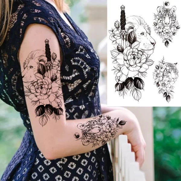 Black Moon Deer Cat Tiger Temporary Tattoos For Women Adults Fake Bird Flower Peony Rose Tattoo Sticker Geometry Armband Tatto - Image 21