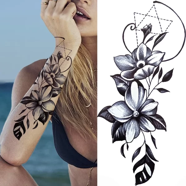 3D Black Flower Temporary Tattoos For Women Rose Peony Lotus Tattoo Sticker Fake Jewelry Chains Geometric Triangle Tatoo Decal - Image 25