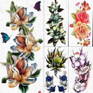 Sexy Lily Sweatpea Large Flower Temporary Tattoo Stickers For Women Body Art Arm Girl Waterproof Butterfly Fake Tattoo Sleeve