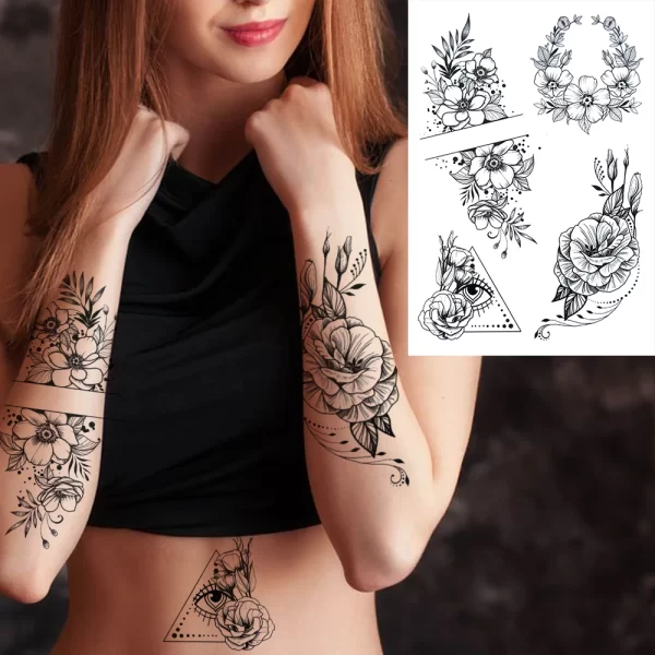 Black Moon Deer Cat Tiger Temporary Tattoos For Women Adults Fake Bird Flower Peony Rose Tattoo Sticker Geometry Armband Tatto - Image 6