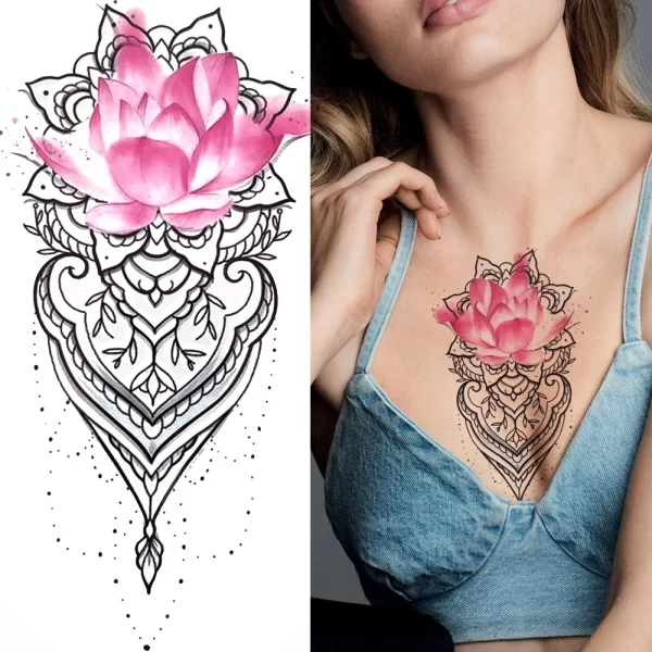 3D Black Flower Temporary Tattoos For Women Rose Peony Lotus Tattoo Sticker Fake Jewelry Chains Geometric Triangle Tatoo Decal - Image 4