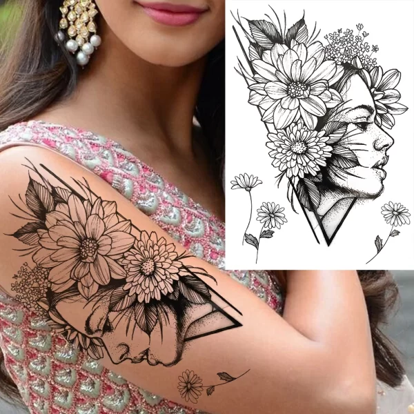 Black Moon Deer Cat Tiger Temporary Tattoos For Women Adults Fake Bird Flower Peony Rose Tattoo Sticker Geometry Armband Tatto - Image 7