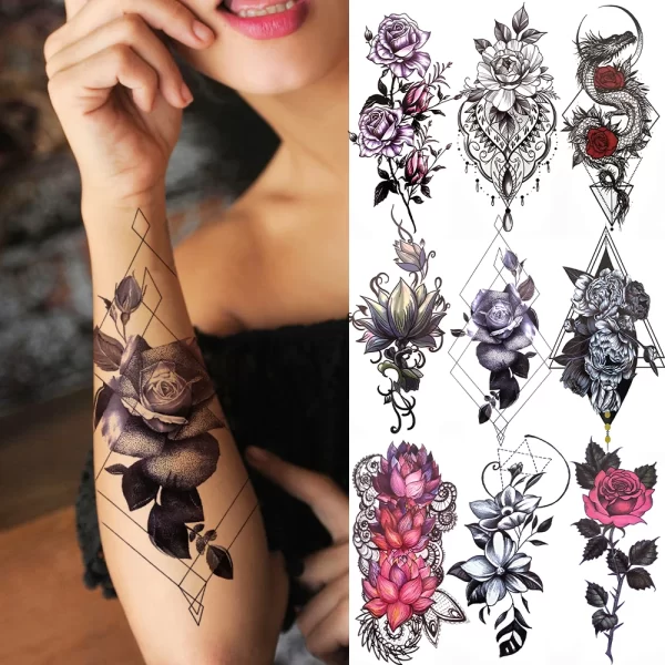 3D Black Flower Temporary Tattoos For Women Rose Peony Lotus Tattoo Sticker Fake Jewelry Chains Geometric Triangle Tatoo Decal - Image 2