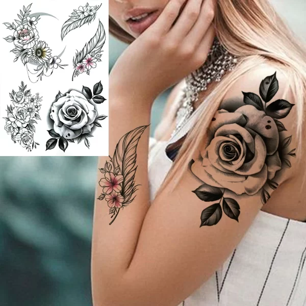 Black Moon Deer Cat Tiger Temporary Tattoos For Women Adults Fake Bird Flower Peony Rose Tattoo Sticker Geometry Armband Tatto - Image 24