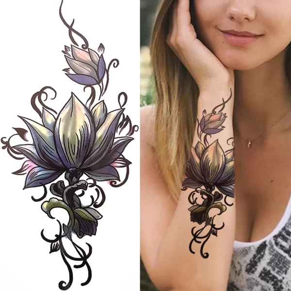 3D Black Flower Temporary Tattoos For Women Rose Peony Lotus Tattoo Sticker Fake Jewelry Chains Geometric Triangle Tatoo Decal - Image 14