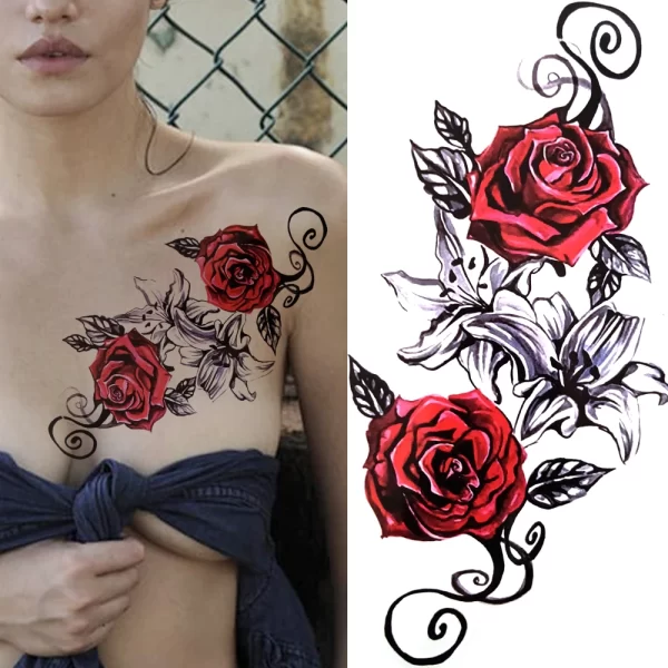 3D Black Flower Temporary Tattoos For Women Rose Peony Lotus Tattoo Sticker Fake Jewelry Chains Geometric Triangle Tatoo Decal - Image 9