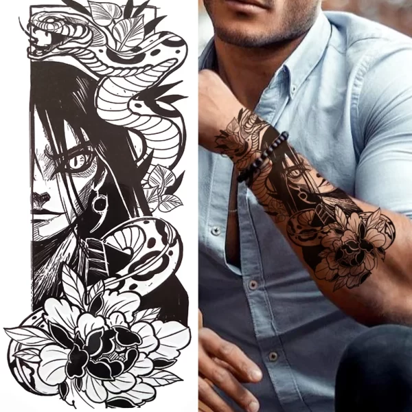 3D Black Flower Temporary Tattoos For Women Rose Peony Lotus Tattoo Sticker Fake Jewelry Chains Geometric Triangle Tatoo Decal - Image 23