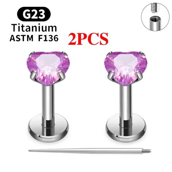 2/10PCS G23 Titanium Piercing Jewelry Ear Cartilage Tragus Heart Flat Back Stud Earrings 16G CZ Internal Thread Labret Lip Ring - Image 18