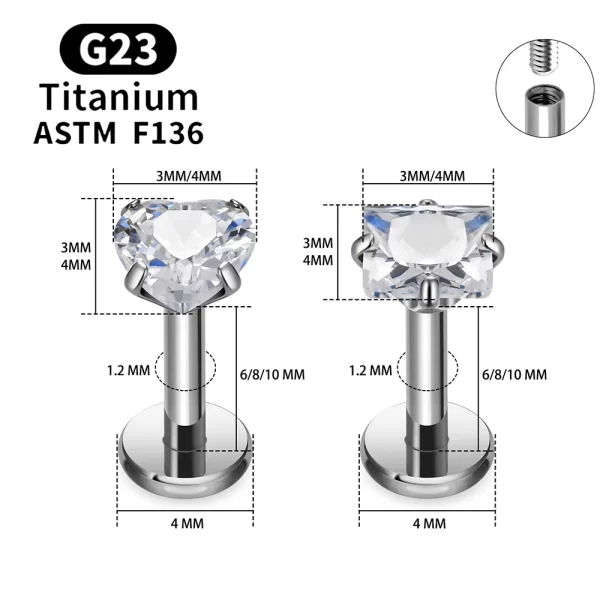 2/10PCS G23 Titanium Piercing Jewelry Ear Cartilage Tragus Heart Flat Back Stud Earrings 16G CZ Internal Thread Labret Lip Ring - Image 6