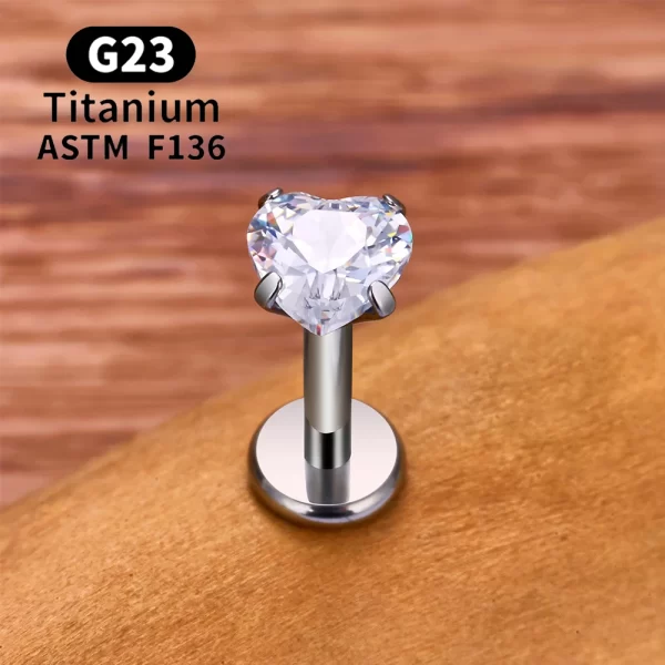 2/10PCS G23 Titanium Piercing Jewelry Ear Cartilage Tragus Heart Flat Back Stud Earrings 16G CZ Internal Thread Labret Lip Ring - Image 2