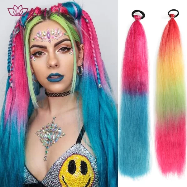 26inch Synthetic Ponytail Extensions With Rubber Band Ombre Braided Colorful Ponytail DIY Ponytail Hair Daily Party Wear Use - Image 3