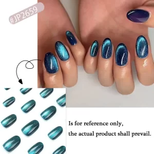 Glitter Blue Gradient Cat Eye Wearable Fake Nails Solid Color Fashion Detachable Finished False Nails Press on Nails with Glue