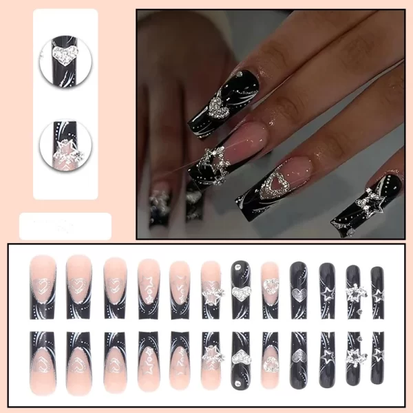 24PCS/1BOX Black French Wearing Sweet and Cool Nail Patch Glitter Love Stars in Europe and America Dark Department Fake Nail - Image 2