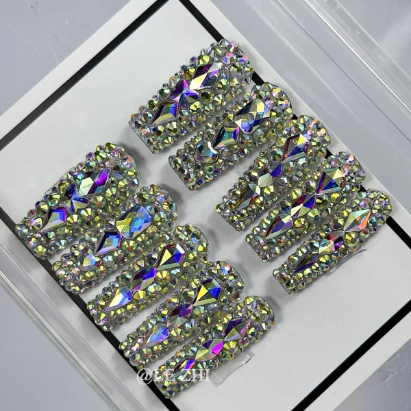 Luxury AB Full Diamond Press on Nails Art French XXL Long Coffin Sparkle Rhinestone Birthday Party Gift Customizable Nails Art - Image 4