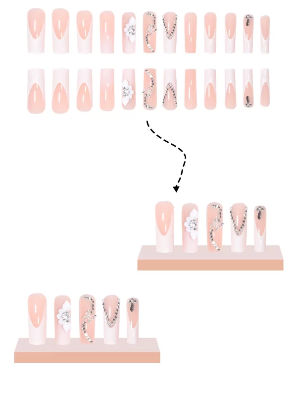 24 Long Coffins with French Patterns, Flowers, Butterfly Dots, Diamond Shiny Fake Nails, 1 Nail File, and 1 Piece of Jelly Glue - Image 3
