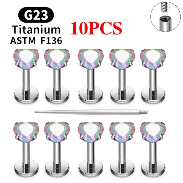 2/10PCS G23 Titanium Piercing Jewelry Ear Cartilage Tragus Heart Flat Back Stud Earrings 16G CZ Internal Thread Labret Lip Ring - Image 34