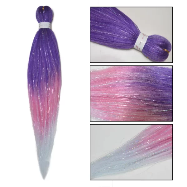 Purple Pink White 3 Tones Ombre Straight Braids Blend Hair Tinsel Festival Rave Hair Extensions for Girls Crazy Hair Day Braids - Image 3