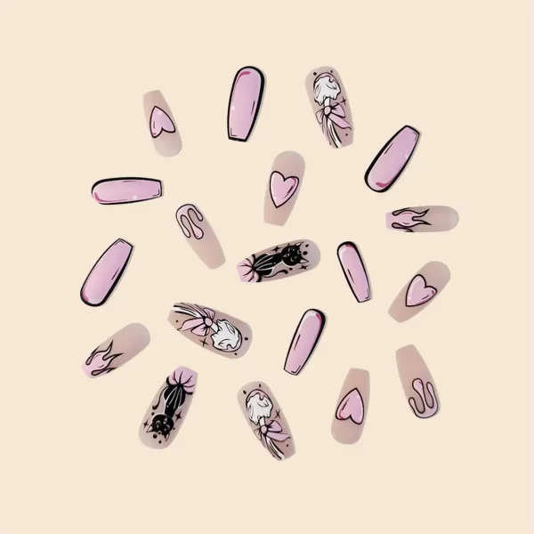 24Pc/Set Long Ballet Pink French Heart Geometric Cat Cartoon Patterns Printed Full Coverage Wearable Fake Nail Press on Nail Art - Image 3