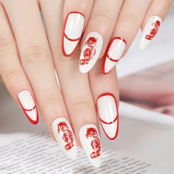 Wearable Manicure Almond Fake Nails Pointed Head The Year Of The Loong Series Press on Nails Full Cover 3D Long Fake Nails - Image 12