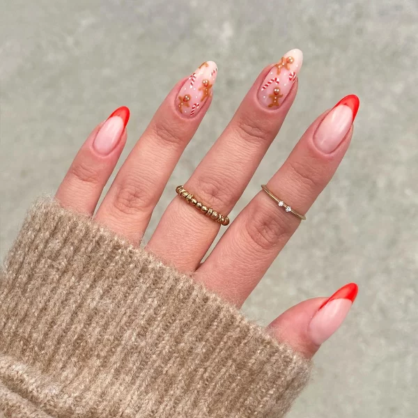 24Pcs Women Girls Medium Almond Red French Christmas Gingerbread Man Crutch Full Coverage Wearable Fake Nail Press on Nail Art - Image 2