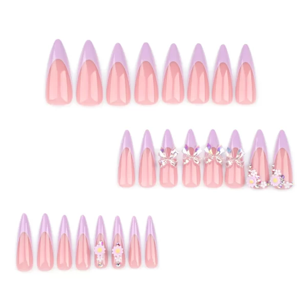 24Pcs Long Stiletto Almond Head Fake Nails with Rhinestone Design Wearable Pink French Press on False Nails Jelly Stick-ons - Image 5