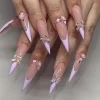 24Pcs Long Stiletto Almond Head Fake Nails with Rhinestone Design Wearable Pink French Press on False Nails Jelly Stick-ons - Image 2