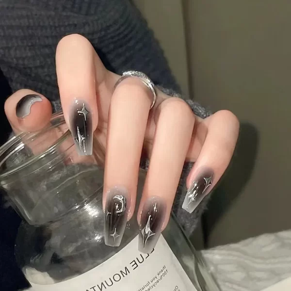 24Pcs Black Love Design Fake Nails with Rhinestone Design Long Ballet Full Cover Nail Tips Wearable French Press on False Nails - Image 4