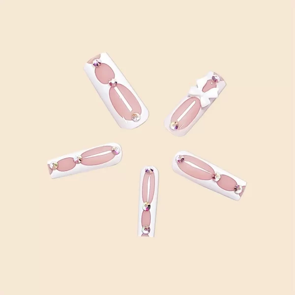 24Pcs/Set Super Long Square French Ballet Geometry AB Diamond Bow Decoration Full Coverage Wearable Fake Nail Press on Nail Art - Image 4