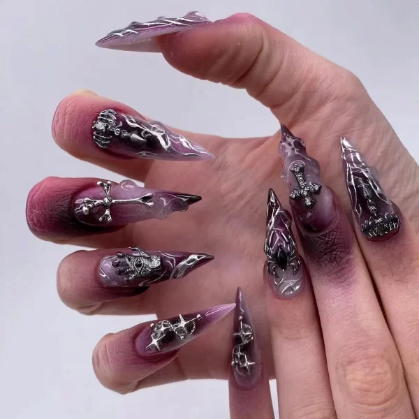 Halloween Cool Spice Style Spider Skull False Nails Purple Halo Dyeing Detachable Finished Fake Nails Press on Nail with Glue - Image 9
