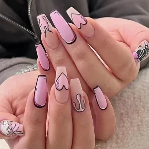 24Pc/Set Long Ballet Pink French Heart Geometric Cat Cartoon Patterns Printed Full Coverage Wearable Fake Nail Press on Nail Art