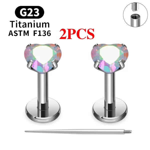 2/10PCS G23 Titanium Piercing Jewelry Ear Cartilage Tragus Heart Flat Back Stud Earrings 16G CZ Internal Thread Labret Lip Ring - Image 15