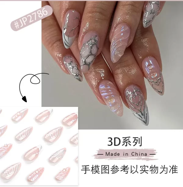 24PCS 3D Water Ripple False y2k Nails Press On Long Almond Silver Stripes Nail Art Fake Nails Charms Designs Finished Nail Tips - Image 4