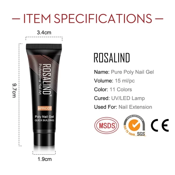 ROSALIND Colorful 15ml Poly Nail Gel Semi Permanent Acrylic Liquid Fast Extension Nail Gel Build Cured with UV/LED Lamp - Image 5