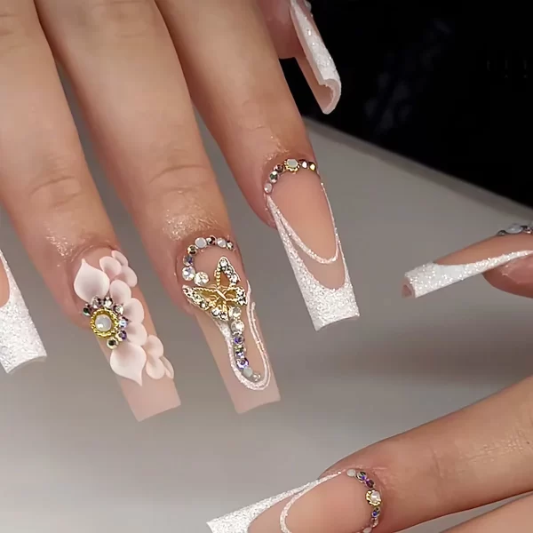 24Pcs Blue French False Nails with Star Rhinestone Design Long Ballet Fake Nails Wearable Square Head Full Cover Press on Nails - Image 6